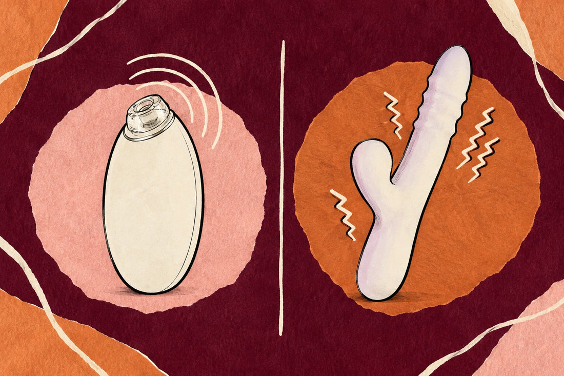 Hand-drawn illustration comparing Whisper, a small pebble-shaped air-pulse toy, with gentle ripple lines, and Duo Kiss, a dual-stimulation vibrator, with small buzz lines, side by side