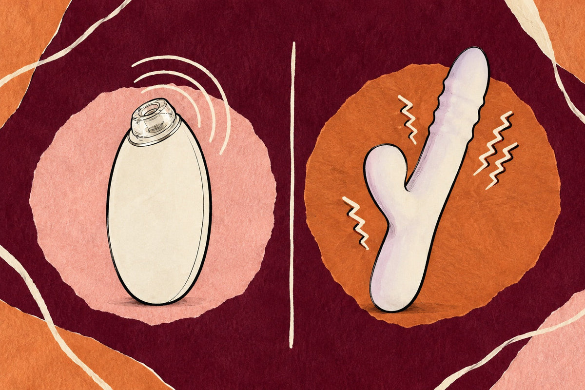Hand-drawn illustration comparing Whisper, a small pebble-shaped air-pulse toy, with gentle ripple lines, and Duo Kiss, a dual-stimulation vibrator, with small buzz lines, side by side