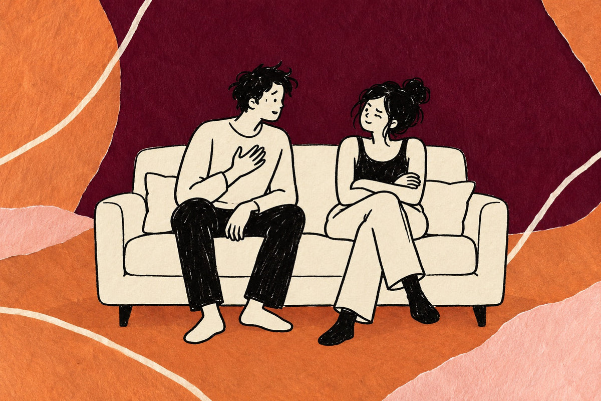 Hand-drawn illustration of a couple on a sofa, one speaking sincerely with a hand on his chest while the other listens with crossed arms starting to soften
