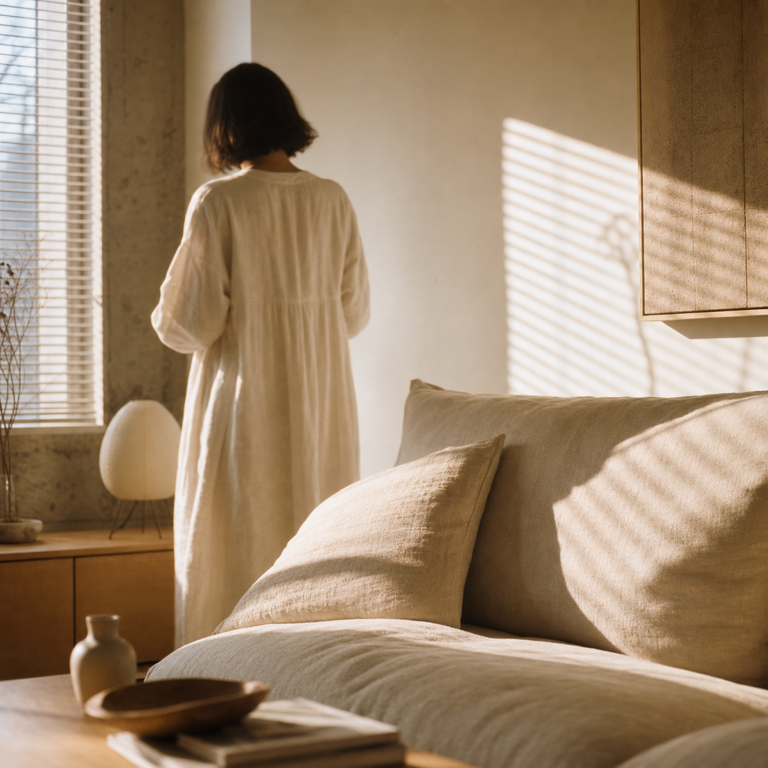 Woman in white linen dress standing by a window in a modern apartment, morning light with Venetian blind shadow patterns