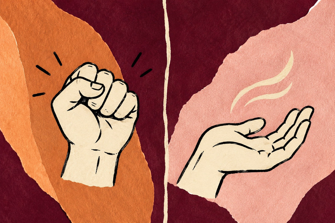 Hand-drawn illustration of a clenched fist beside the same hand open and relaxed, palm up