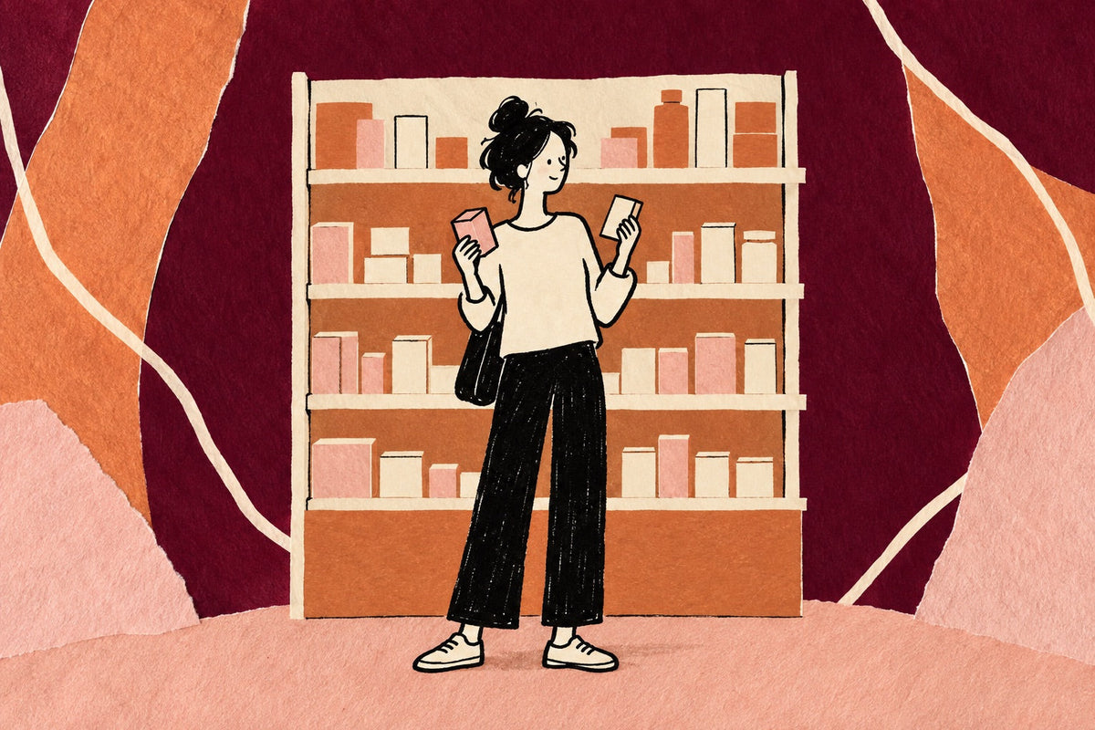 Hand-drawn illustration of a woman standing at a pharmacy shelf, holding a small box in each hand and comparing them.