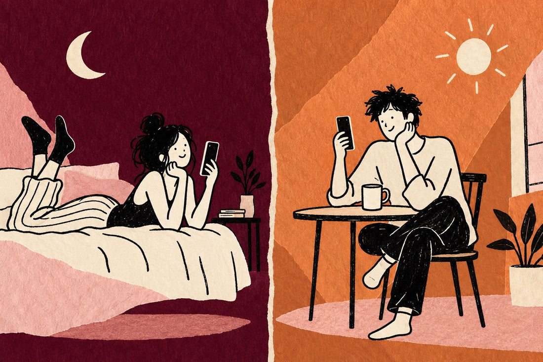 Hand-drawn illustration of a long-distance couple on a video call, one in bed at night and one at breakfast in the morning