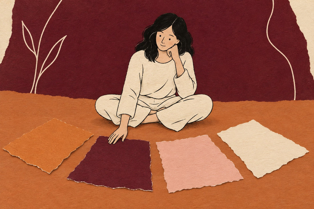 Hand-drawn illustration of a woman sitting cross-legged on the floor, resting one hand on one of four torn paper shapes laid out in front of her.